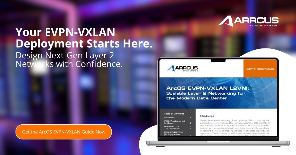 Arrcus, Inc. (@arrcusinc) on Twitter photo Looking to simplify and scale your Layer 2 network infrastructure? The #ArcOS EVPN-VXLAN L2VNI Solution Guide from <a href="/arrcusinc/">Arrcus, Inc.</a> is your blueprint for building next-gen Layer 2 overlays with high availability, operational simplicity, and seamless scalability.
๐๐ก๐ข๐ฌ Looking to simplify and scale your Layer 2 network infrastructure? The #ArcOS EVPN-VXLAN L2VNI Solution Guide from <a href="/arrcusinc/">Arrcus, Inc.</a> is your blueprint for building next-gen Layer 2 overlays with high availability, operational simplicity, and seamless scalability.
๐๐ก๐ข๐ฌ
