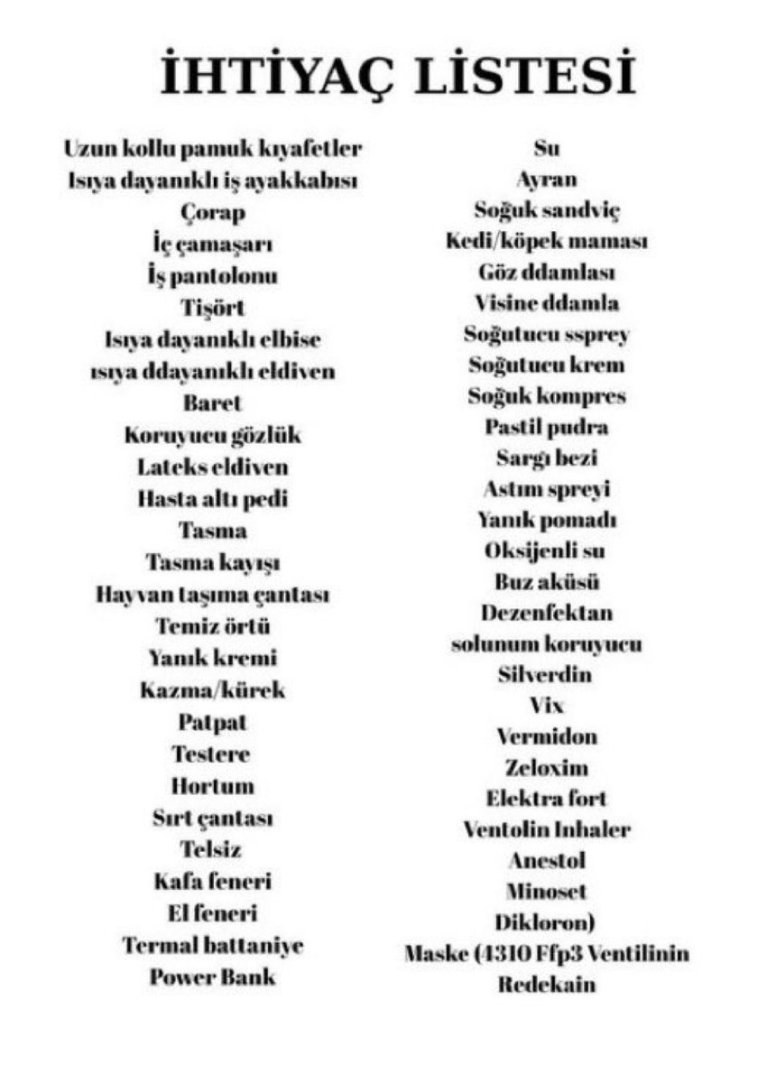 HATAY DÖRTYOL İÇİN İHTİYAÇ LİSTESİ. YAYALIM LÜTFEN