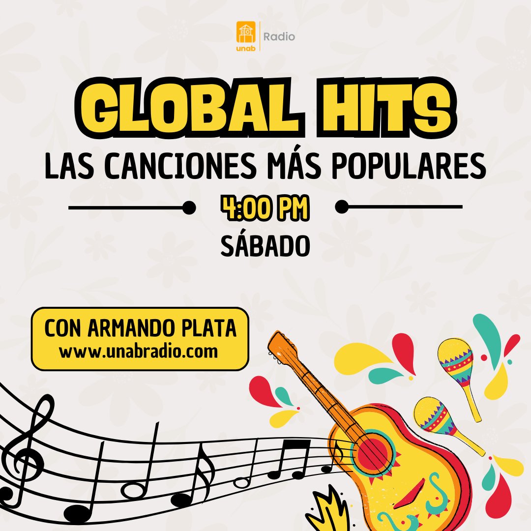 🌐🎶 Los sábados suenan mejor con los éxitos del mundo entero.
Sintoniza Global Hits con Armando Plata a las 4:00 p.m. por Unab Radio y descubre las canciones que dominan las listas globales.
Desde el pop europeo hasta el ritmo latino.
#GlobalHits  #UnabRadio