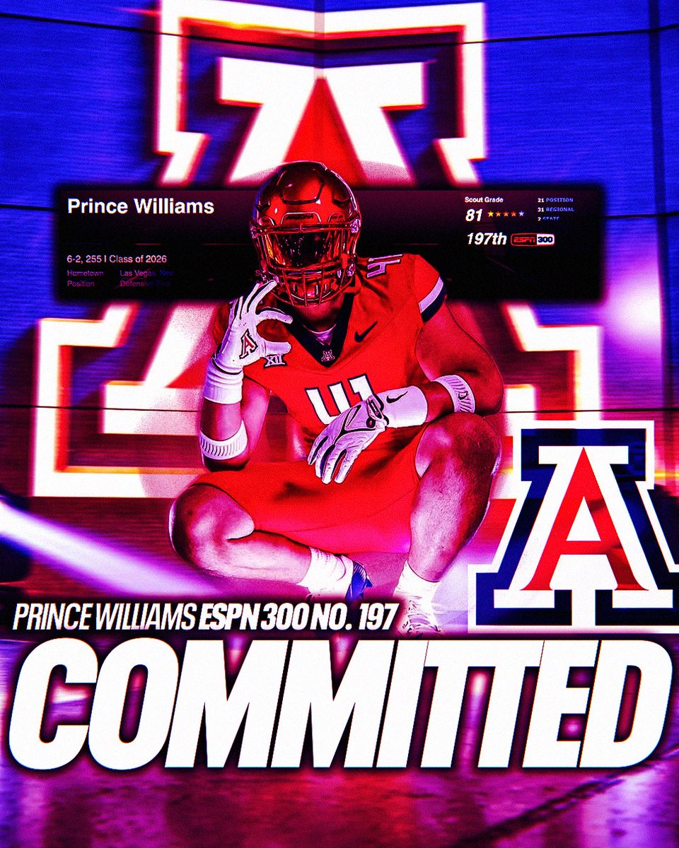 Billy Tucker (@theucreport) on Twitter photo Arizona lands a big commitment from 4-star DE Prince Williams <a href="/princehwilliams/">Prince Williams</a>
The No. 197 prospect in the nation makes it a pair of ESPN 300 commits for the Wildcats 2026 class. Arizona lands a big commitment from 4-star DE Prince Williams <a href="/princehwilliams/">Prince Williams</a>
The No. 197 prospect in the nation makes it a pair of ESPN 300 commits for the Wildcats 2026 class.