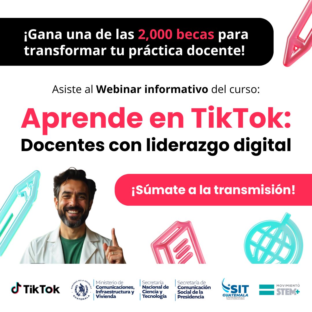 ¡Accede a una de las 2,000 becas para transformar tu práctica docente! 👩‍🏫🧑‍💻 Si eres docente de nivel medio o superior, puedes ser parte del curso #AprendeEnTikTok:

✅ Docentes con Liderazgo Digital" una iniciativa de Movimiento STEM+ y TikTok.
Con el apoyo de la Senacyt y SIT