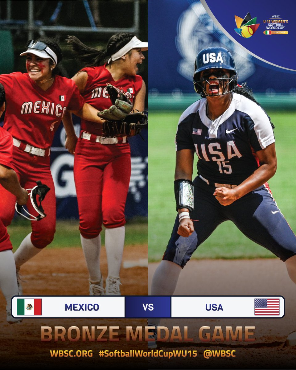 WBSC ⚾🥎 (@wbsc) on Twitter photo 🥉 Bronze Medal Game
🇲🇽 Mexico 🆚 🇺🇸 USA
📆 July 5th
🕘 15:00
🏟️ Campo Softball Francesco Nespoli, Caronno Pertusella
📺 LIVE Streaming
🔗 gametime.sport
 
#SoftballWorldCupWU15 🥉 Bronze Medal Game
🇲🇽 Mexico 🆚 🇺🇸 USA
📆 July 5th
🕘 15:00
🏟️ Campo Softball Francesco Nespoli, Caronno Pertusella
📺 LIVE Streaming
🔗 gametime.sport
 
#SoftballWorldCupWU15