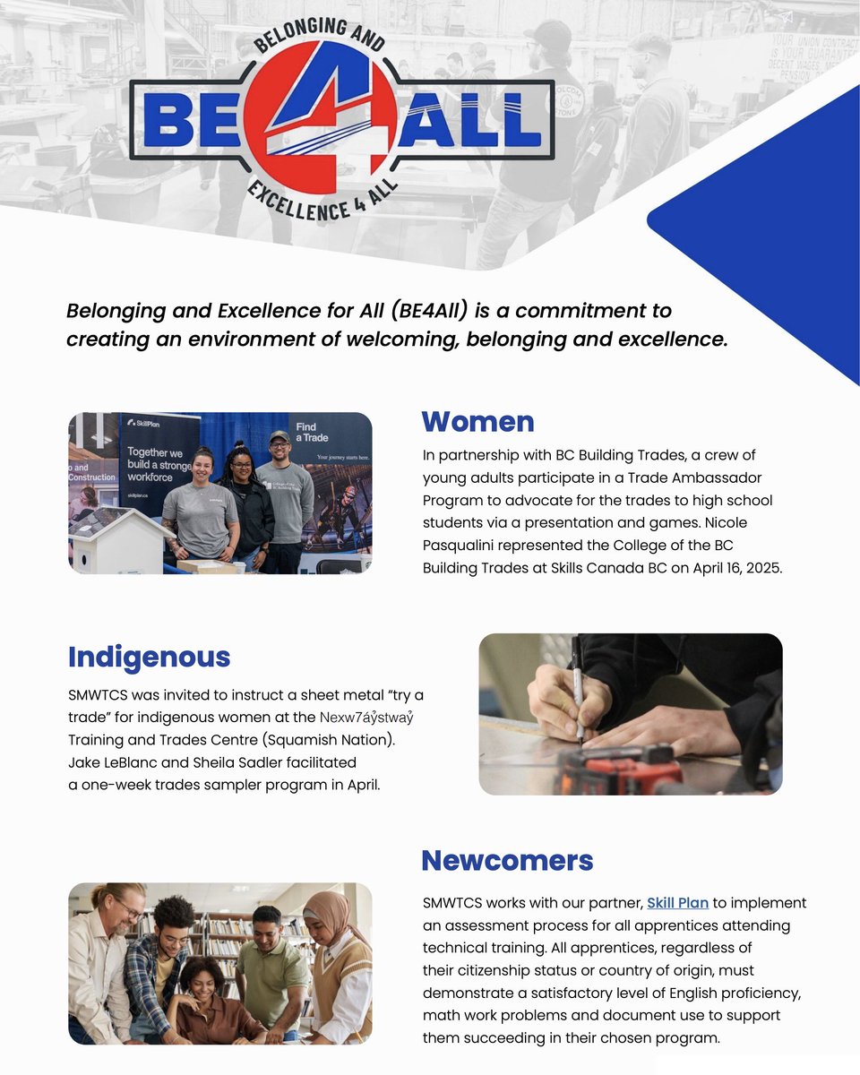 Through collaboration and shared effort, our sheet metal community continues to support the goals of BE4ALL. Check out our BE4ALL feature in the latest newsletter edition.
smwtcs.ca/2025/06/24/be4…

#BE4ALL #SMITB #SMWTCS #classes #jobs #apprenticeshiptraining #SMARTLocalUnion280