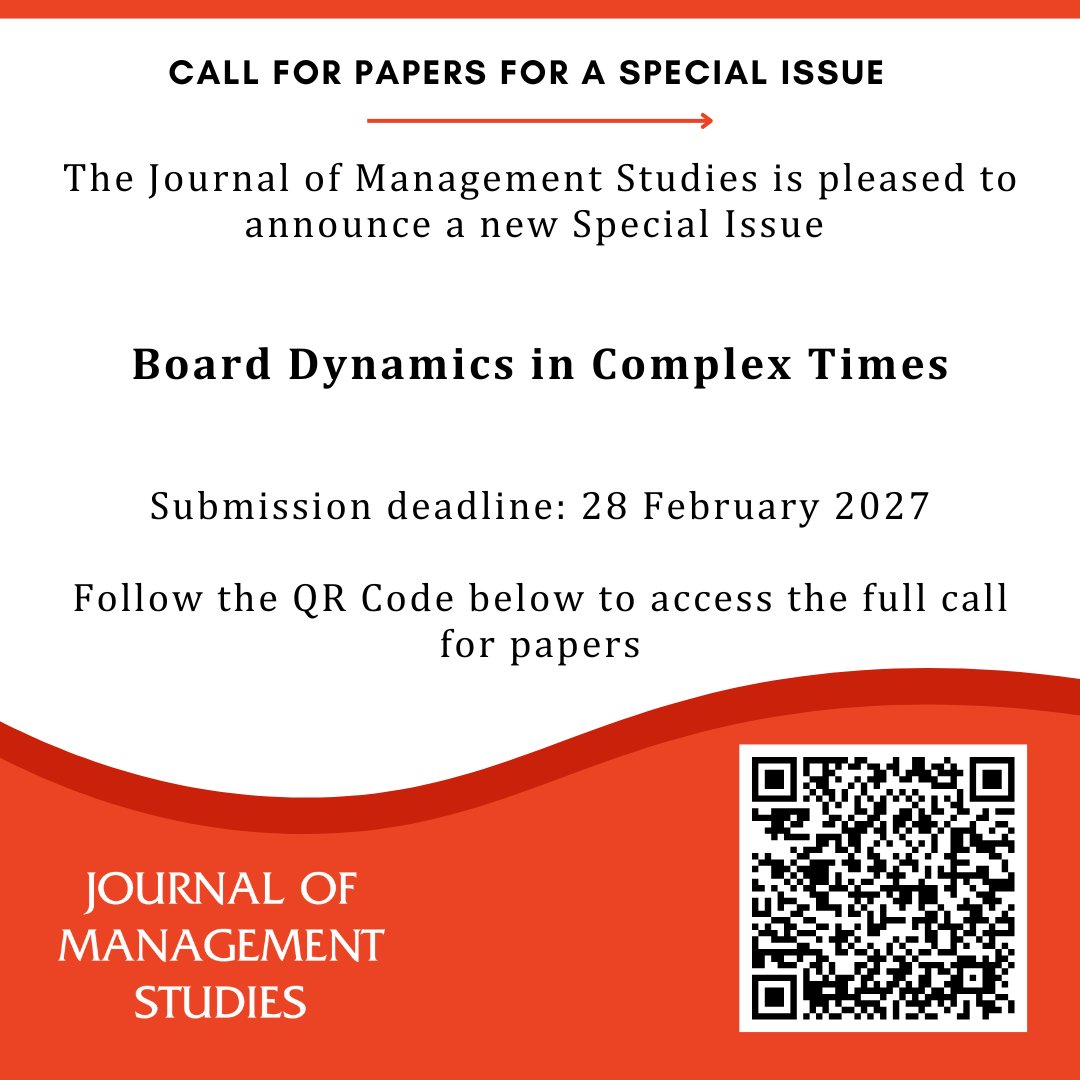 JMS_Journal's tweet photo. 🚨 JMS Call for Papers! Explore board dynamics in complex times: interfaces, decision-making, power, conflict & more. Submission deadline: 28 Feb 2027.
Details: https://t.co/UNzZ6rIfEc
#CorpGov #JMS #JMS_Journal #BoardDynamics #CallForPapers #Leadership #Strategy https://t.co/VnGzxb6Wb6