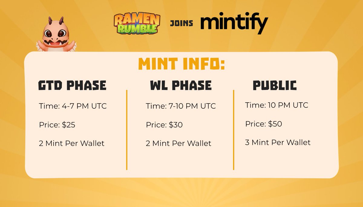 RamenRumblegame's tweet photo. The Ramen shop is UNLOCKED. 🍜 

All mint details for the Founders Edition NFT launching on @Mintify — https://t.co/HG2FukePZq

500 NFTs 
10 Legendary Monsters 
10 Legendary Weapons 

Mint Date: July 6

Never minted again. Ever. Enter the Express. Cook. Clash. Collect. 
Let’s rumble. 🚂
