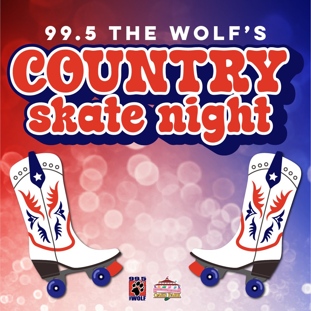 Joni us July 27 from 7-9:30 PM for Country Skate Night with 99.5 The Wolf.  Skate to your favorite country hits—from classic legends to today’s chart-toppers—under the glow of disco lights and the spirit of the honky-tonk. Tickets are $20 each; get 'em at oakspark.com/wolf!