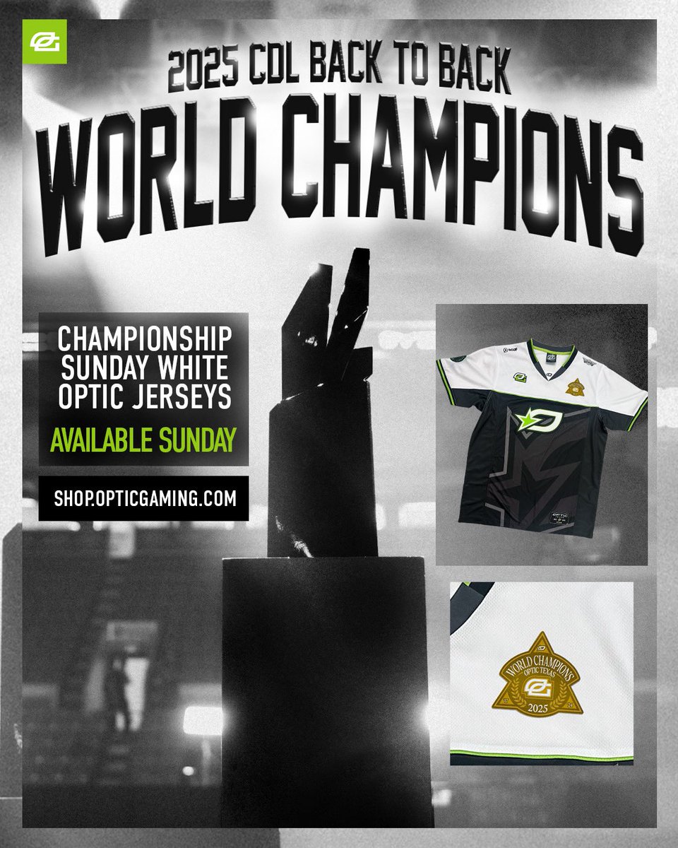 CHAMPIONSHIP WHITE JERSEY 🏆🏆

Available Sunday, 4:24p CT, exactly one week from our Back-to-Back World Championship Win 🔥

Shop.OpTicGaming.com