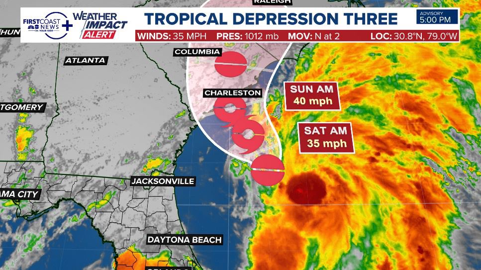 TD 3… likely to become Tropical Storm Chantal as it heads toward Edisto. 

Our impacts remain the same Saturday… with most convection on the east side of the system.

Waves of quick moving downpours Saturday, and potentially getting gusts to 25-30 at the beaches. Happy 4th.