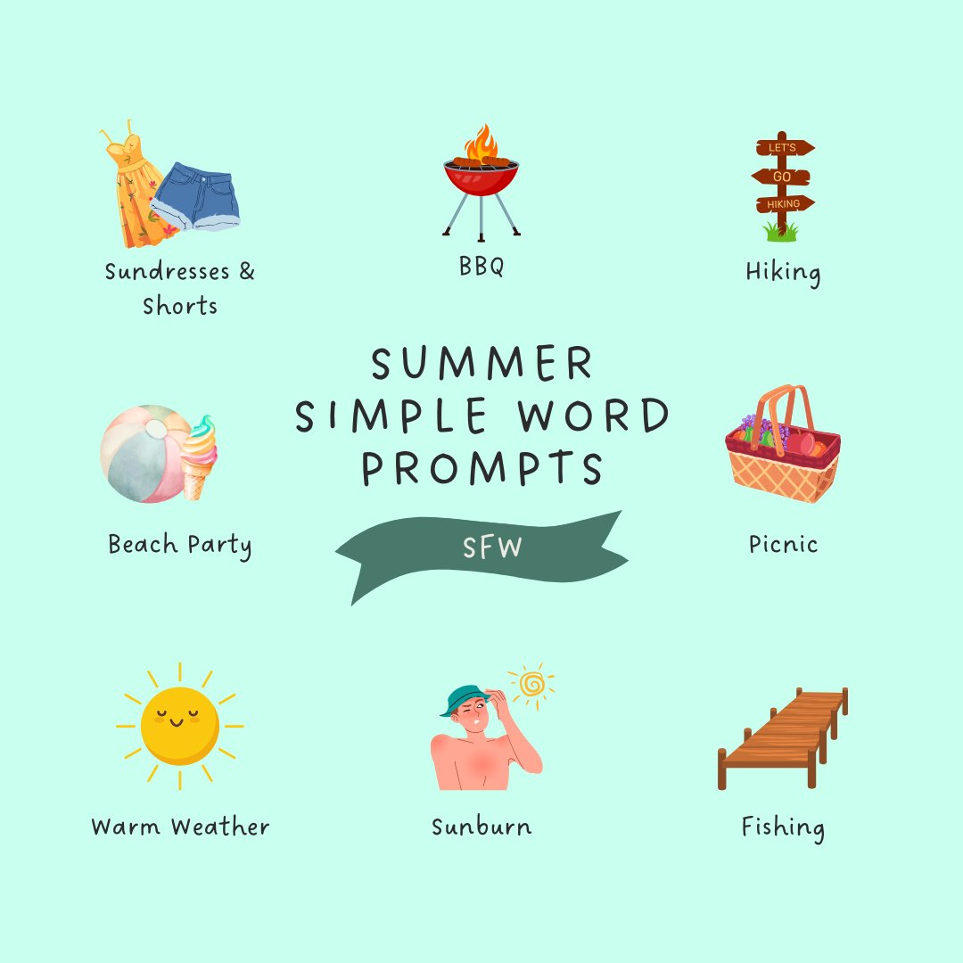 _Cavalierious_'s tweet image. It's that time of the season again-- time to share my writing server's prompts! Anyone can enjoy these summer-themed starters for art and fics. Any fandom, any pairing, the world is your oyster.
And, of course, if you want to join my writing server, just dm me! Info below.