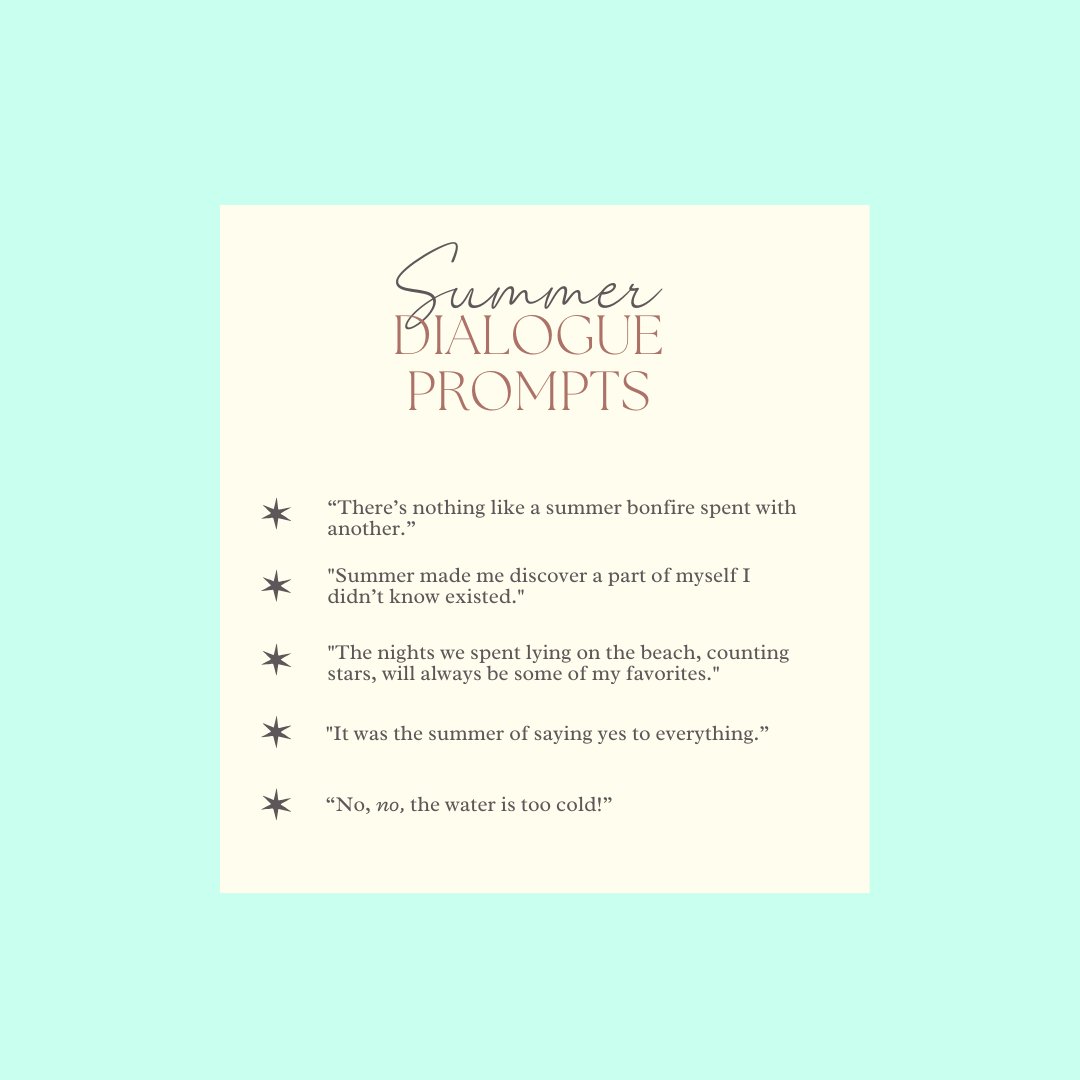 _Cavalierious_'s tweet image. It's that time of the season again-- time to share my writing server's prompts! Anyone can enjoy these summer-themed starters for art and fics. Any fandom, any pairing, the world is your oyster.
And, of course, if you want to join my writing server, just dm me! Info below.