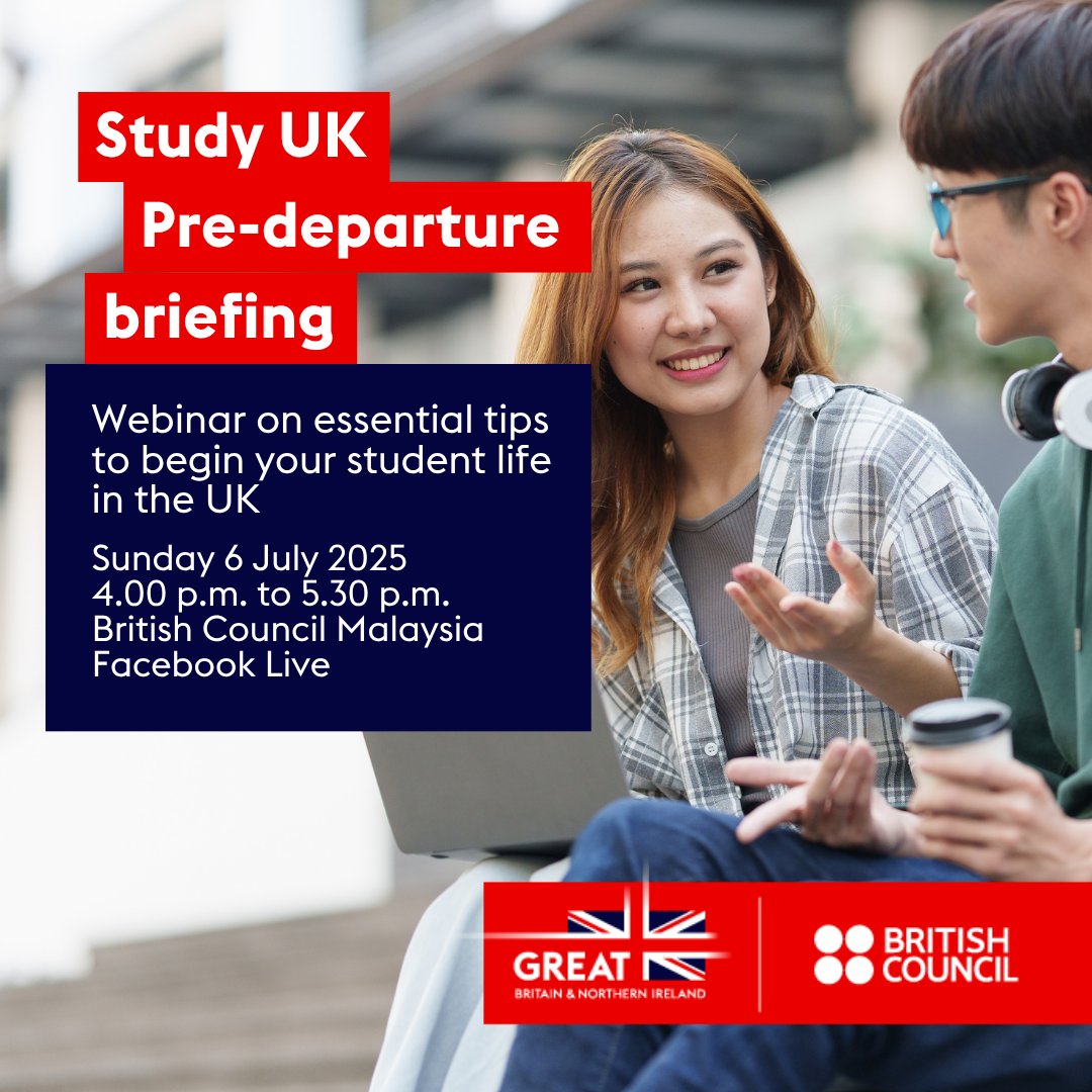 my_British's tweet image. Last chance to join Study UK's Pre-departure briefing this year to have all your questions answered! If you are UK-bound this autumn or planning to head to the UK, head on over to our live session.
Happening tomorrow, 6 July 2025 at 4.00 p.m. at facebook.com/share/19YP2Jsy…