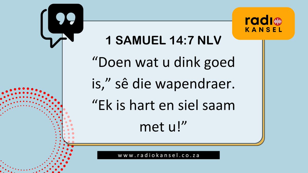 Ware krag lê nie in selfdoen nie, maar in samewerking. Jonatan en sy wapendraer het saam 'n leër verslaan — jy hoef dit ook nie alleen te doen nie. 🤝

Lees meer: bit.ly/3ToyoG0 
 #Radiokansel #WoordVirVandag