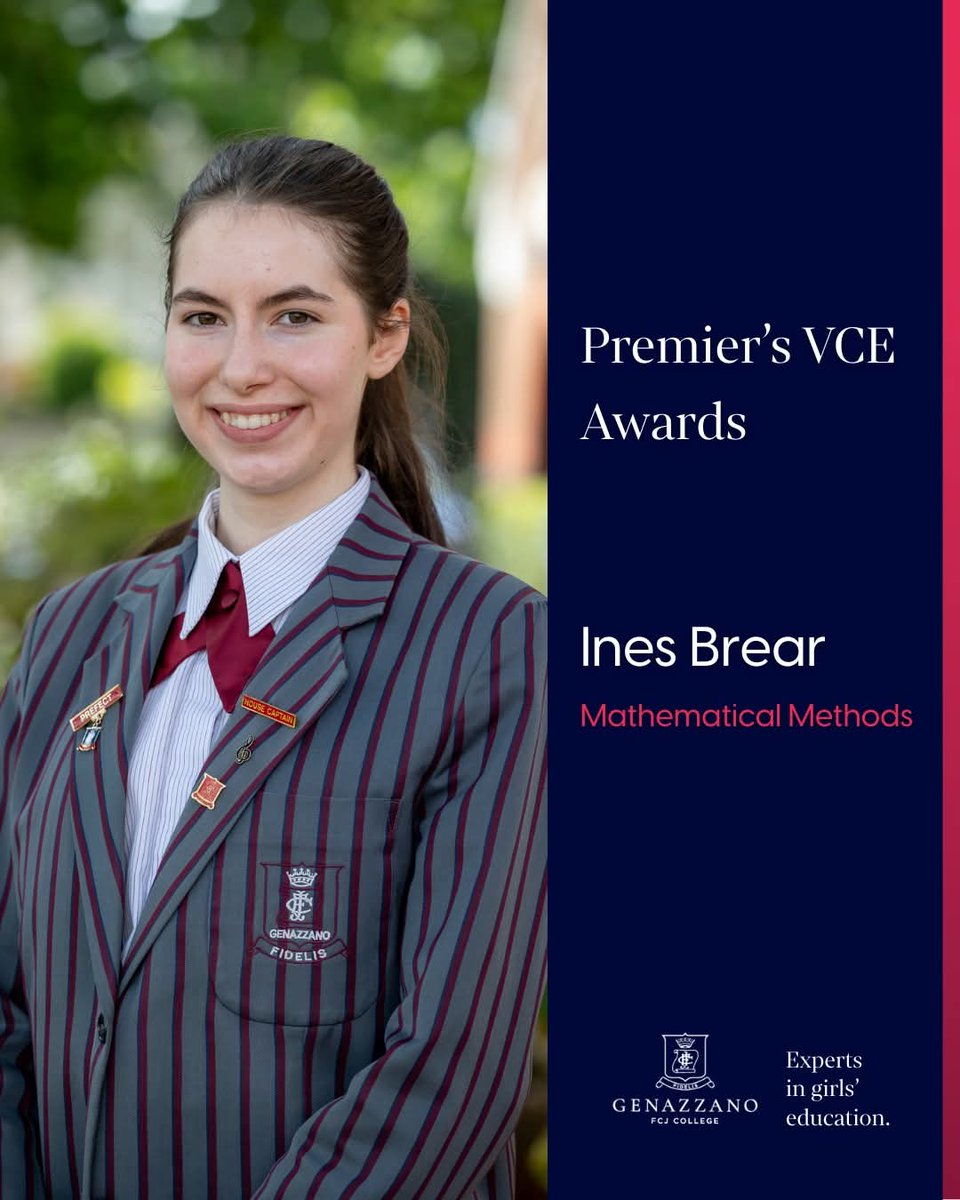 Premier’s VCE Awards 🏆

Congratulations to Ines Brear (Class of 2024) on receiving a Premier’s VCE Award for Mathematical Methods!

This incredible achievement recognises Ines’ exceptional dedication and hard work during her VCE studies. 

#Education #Melbourne
#Schoolgirl #Girl