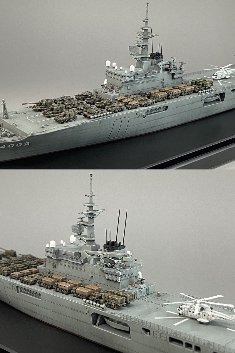 har36600's tweet photo. 輸送艦しもきた　完成しました
キットはタミヤ製　1/700 ウォーターラインシリーズ No.006
車両、ヘリはピットロード製　オスプレイはハセガワ製です
初護衛艦です。
#タミヤ
#海上自衛隊
#護衛艦
#艦船模型 https://t.co/x6u5sxYA13
