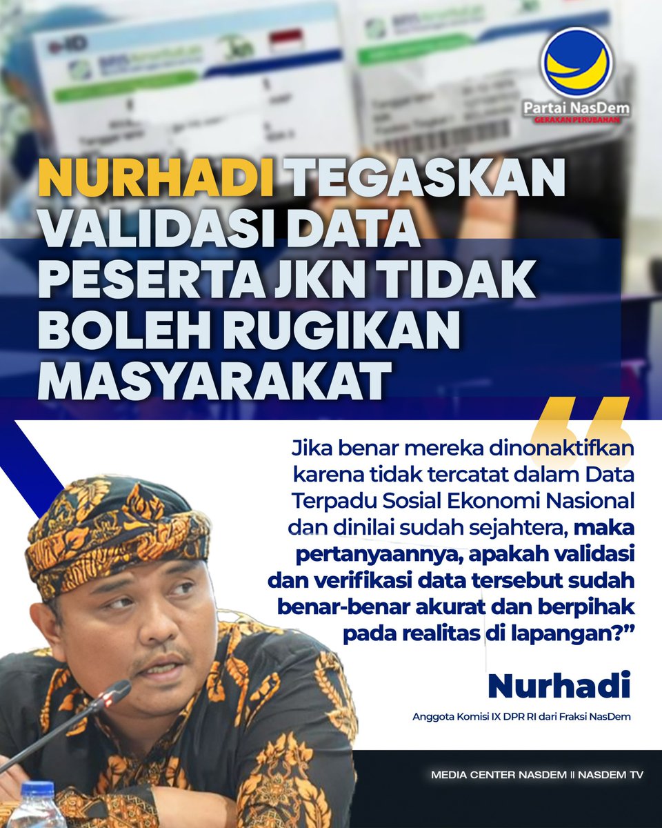 Anggota Komisi IX DPR RI, Nurhadi, menyoroti wacana penonaktifan 7,3 juta peserta program Jaminan Kesehatan Nasional (JKN) segmen Penerima Bantuan Iuran Jaminan Kesehatan (PBI JK) oleh Kementerian Sosial (Kemensos).

Penonaktifan peserta tersebut dilakukan karena tidak tercatat