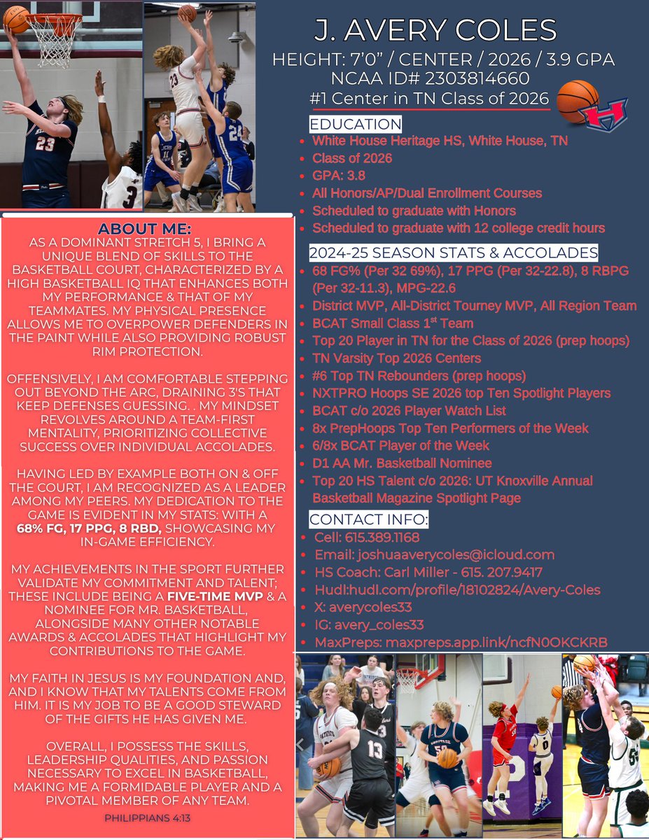 7’ Tall
Dominant Stretch 5
3.9 GPA; Will graduate w/honors
68 FG%
5x MVP (soph. &amp; jun. seasons)
Ranked 19 c/o ‘26 in TN
<a href="/TnVarsity/">TN Prep Varsity</a> 2026 Top Centers
<a href="/BCATHOOPS/">BCAT</a> 2026 Players to Watch, All State Team, 6/8 Players of the Week
Top 20 Talent ‘26 UTK 🏀 Magazine
D1 AA Mr. 🏀 Candidate