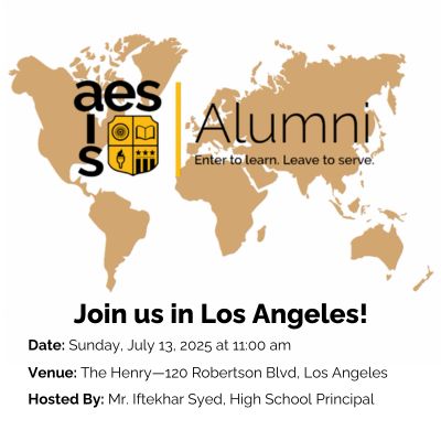 AESDelhi's tweet image. ⏰ AES Alumni in Los Angeles, we’re coming your way! 🇺🇸
A reminder to register for our reunion on Sunday, July 13 at 11:00 am, hosted by Mr. Iftekhar Syed, High School Principal.

Registration is mandatory: buff.ly/NaxqJRx

#AESAlumni #AESDelhi #AlumniReunion #AESMemories