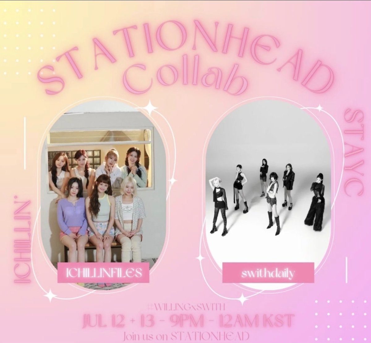 [🚨] SWITH!
Join us this weekend for our collab with <a href="/ICHILLINFILES/">ICHILLIN’ FILES 🍒</a>! Come along and let's have fun listening to #STAYC and #ICHILLIN!

🗓️ July 12
⏰ 9:00PM~12:00AM KST
📻 stationhead.com/swithdailystre…

🗓️ July 13
⏰ 9:00PM~12:00AM KST
📻 stationhead.com/spotifyichillin

Mark your calendars 💕