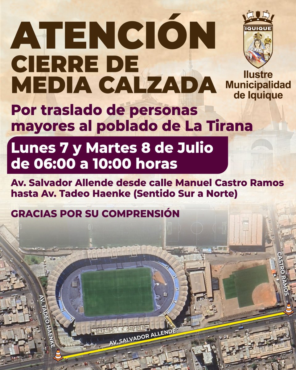 Municipalidad de Iquique (@iquiquedetodos) on Twitter photo 📢 VIAJE DE PERSONAS MAYORES A #LaTirana GENERARÁ CORTE DE TRÁNSITO EN AV. SALVADOR ALLENDE
<a href="/IquiqueDeTodos/">Municipalidad de Iquique</a> INFORMA que, por esta actividad, habrá un CORTE DE MEDIA CALZADA en Avenida SALVADOR ALLENDE GOSSENS los días 7 y 8 DE JULIO...
¡¡TOME VÍAS ALTERNATIVAS!!
#Iquique 📢 VIAJE DE PERSONAS MAYORES A #LaTirana GENERARÁ CORTE DE TRÁNSITO EN AV. SALVADOR ALLENDE
<a href="/IquiqueDeTodos/">Municipalidad de Iquique</a> INFORMA que, por esta actividad, habrá un CORTE DE MEDIA CALZADA en Avenida SALVADOR ALLENDE GOSSENS los días 7 y 8 DE JULIO...
¡¡TOME VÍAS ALTERNATIVAS!!
#Iquique