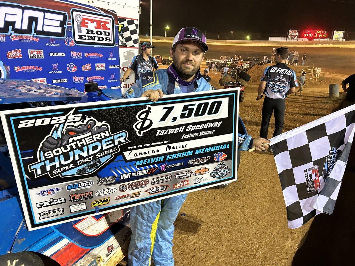 Southern Thunder Super Dirt Series (@sothundersds) on Twitter photo Camaron Marlar captures the $7,500 prize here at <a href="/Tazspeedway/">Tazewell Speedway</a> ahead of Pierce McCarter & Kaede Loudy in the Melvin Corum Memorial. ๐ Camaron Marlar captures the $7,500 prize here at <a href="/Tazspeedway/">Tazewell Speedway</a> ahead of Pierce McCarter & Kaede Loudy in the Melvin Corum Memorial. ๐