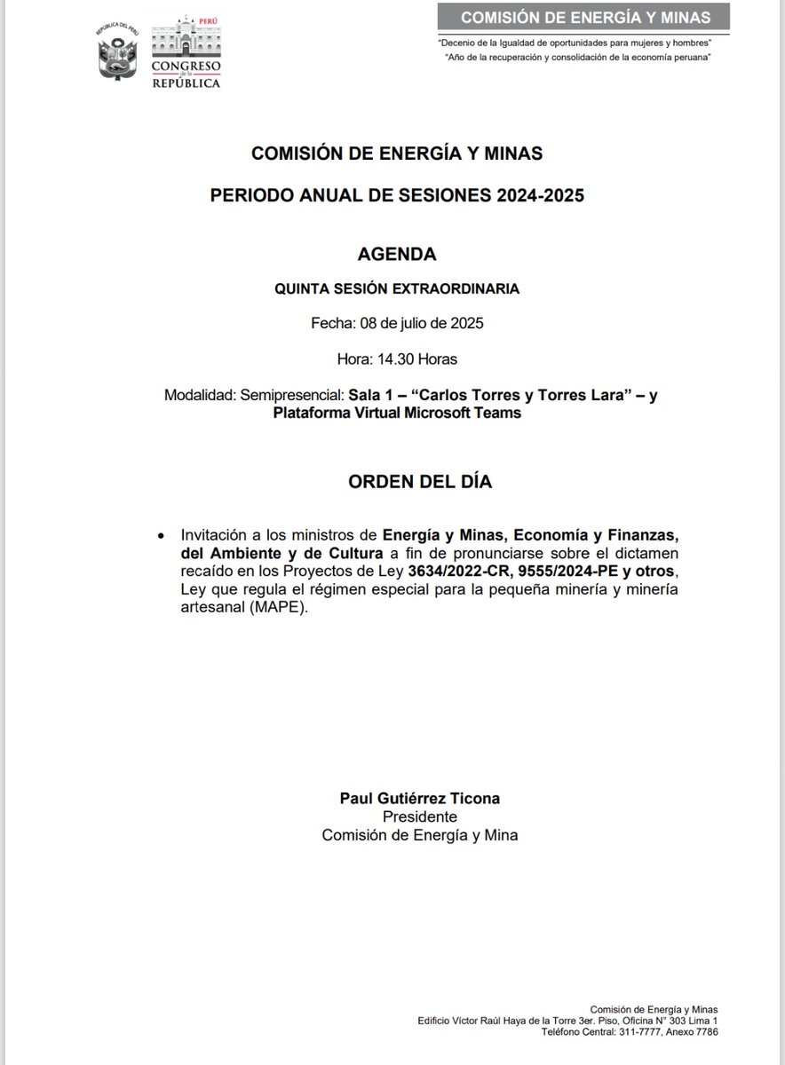Tercer intento de Paul Gutiérrez para abordar dictamen de Ley Mape en Comisión de Energía y Minas, pese a que habían acordado debatirlo en próx. Legislatura. Esta vez, ha invitado a 4 ministros. La convocatoria llega en medio de protestas de mineros por su exclusión del #Reinfo.