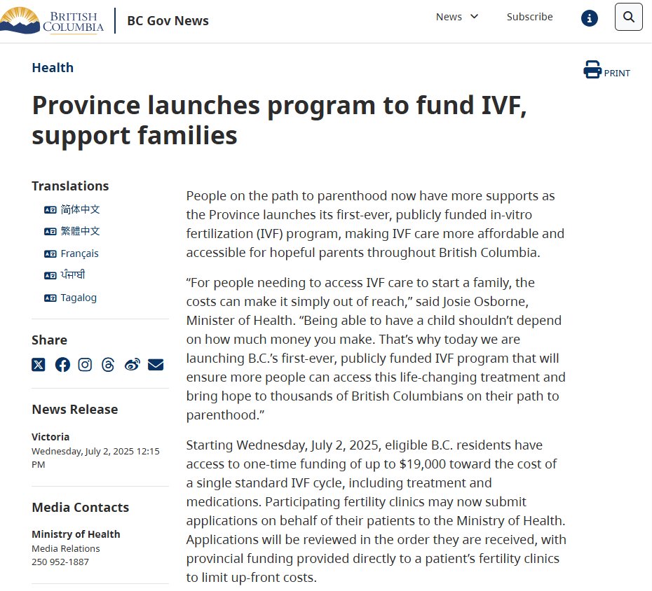 pokoblog01's tweet image. もうひとつBC州のニュースをシェア。必要な人に届け～

Province launches program to fund IVF, support families
news.gov.bc.ca/releases/2025H…