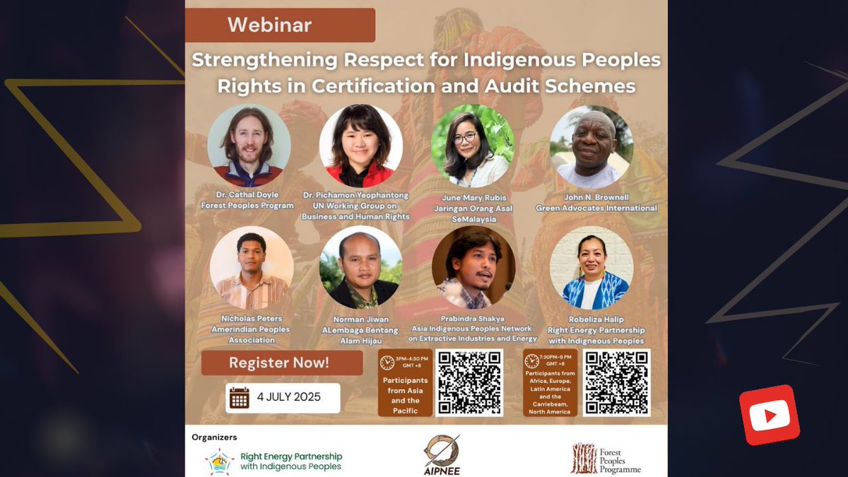 In case you missed our first webinar on Strengthening Respect for Indigenous Peoples Rights in Certification and Audit Schemes held on the 4 July 2025 for Asia and Pacific participant; here is a link for you to revisit.

youtu.be/D_-40aStZqI?si…