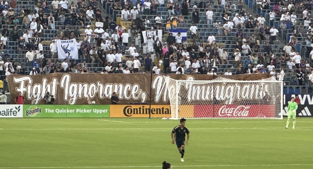 #LAGalaxy supporters in Victoria Block have walked out at the 12th minute of play in protest of the silence of the Galaxy in regard to the ICE raids in LA.