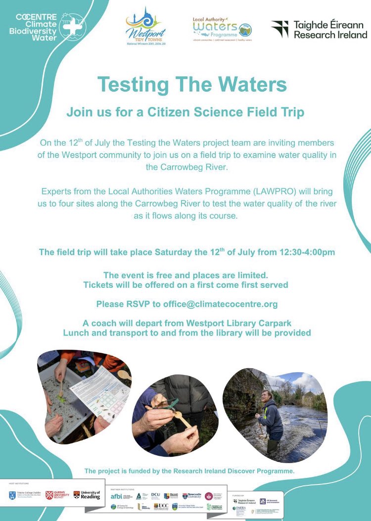 TCD / Tidy Towns  Citizen  Science Trip Sat. July 12th 12- 16pm taking water samples for river life at local Carrowbeg river sites  ,covering 4 sites, Meeting @Library Car Park .Limited Spaces , booking essential , like and share to your contacts  , Refreshments Provided  💙