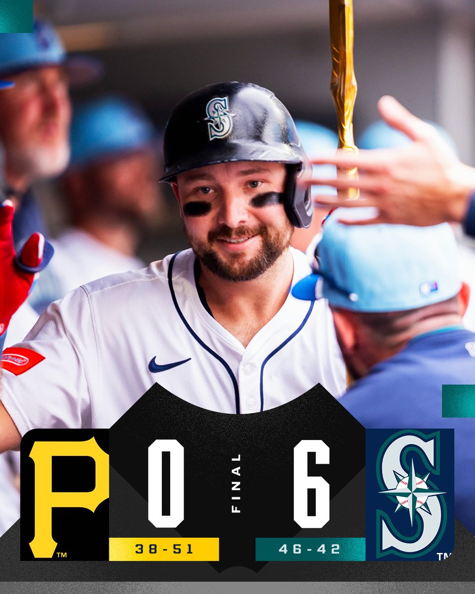 MLB's tweet image. MLB home run leader Cal Raleigh homers TWICE as the @Mariners shut out the Pirates.