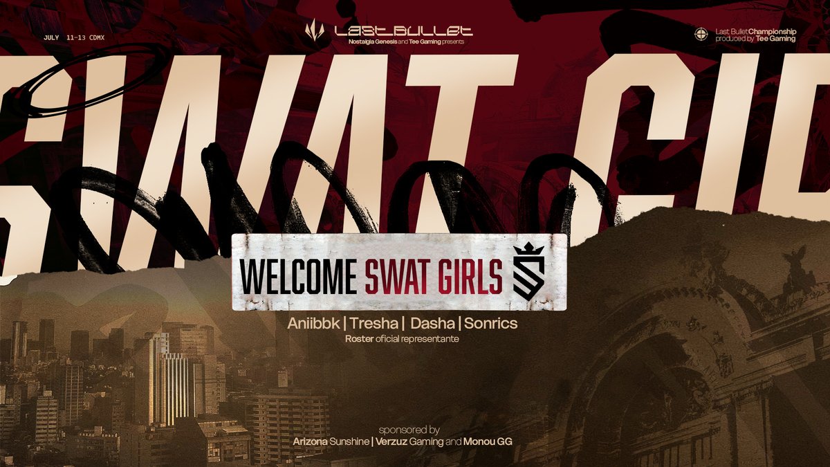 Tee Gaming (@teegamingorg) on Twitter photo BIENVENIDAS
Queremos dar la bienvenida a <a href="/SWAT_Latam/">SWAT Latam</a> con su roster femenil que participará en nuestro evento presencial Last Bullet: Championship división femenil traído por <a href="/NostalgiaGnesis/">𝐍𝐨𝐬𝐭𝐚𝐥𝐠𝐢𝐚</a>
Se harán presentes este 11 a 13 de Julio en <a href="/Monougg/">Monou</a>
Presentado por:
<a href="/TeeGamingOrg/">Tee Gaming</a> BIENVENIDAS
Queremos dar la bienvenida a <a href="/SWAT_Latam/">SWAT Latam</a> con su roster femenil que participará en nuestro evento presencial Last Bullet: Championship división femenil traído por <a href="/NostalgiaGnesis/">𝐍𝐨𝐬𝐭𝐚𝐥𝐠𝐢𝐚</a>
Se harán presentes este 11 a 13 de Julio en <a href="/Monougg/">Monou</a>
Presentado por:
<a href="/TeeGamingOrg/">Tee Gaming</a>