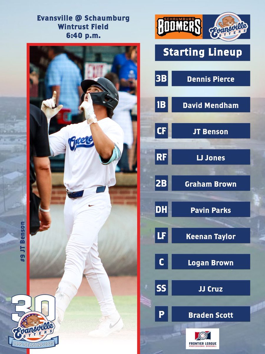 EvilleOtters's tweet photo. It is a great day to beat the Boomers! Here's tonight's #Starting9 as we celebrate the 4th of July in Schaumburg! Game time has been adjusted to 6:40 p.m. due to pregame festivities.
#Otters30th https://t.co/fqF13IERrb