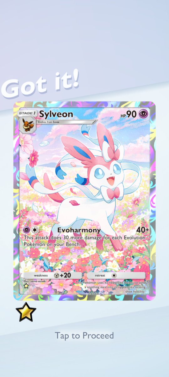 TheLOLBandit's tweet photo. The first pull I've gotten from the #eeveegrove set.
It's not Glaceon, but we'll take it. 
#sylveon #pokemoncollection #pokemontcgpocket #pokemontcg #nintendomobile #nintendo #pokemon #gacha https://t.co/cl0quiSa6E