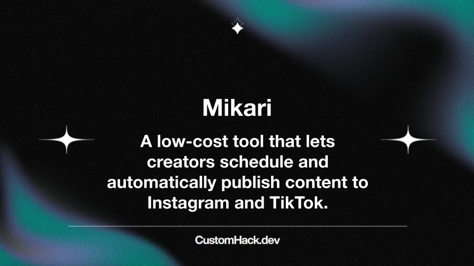 diogoribeirodev's tweet image. Mikari is a simple, low-cost tool that lets creators schedule and automatically publish content to Instagram and TikTok.

Made for app builders. #CustomHack