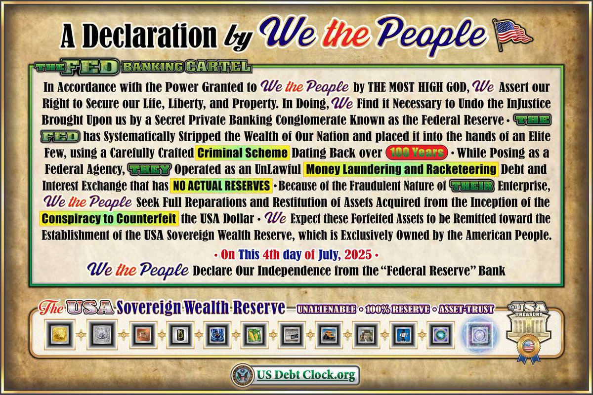 🚨 US DEBT CLOCK - 7/4/24

A DECLARATION BY WE THE PEOPLE 

On This 4th day of July 2025 🇺🇸 We the People Declare Our Independence from the “Federal Reserve” Bank 

The USA Sovereign Wealth Reserve! 

Follow: US Debt Clock ⏰