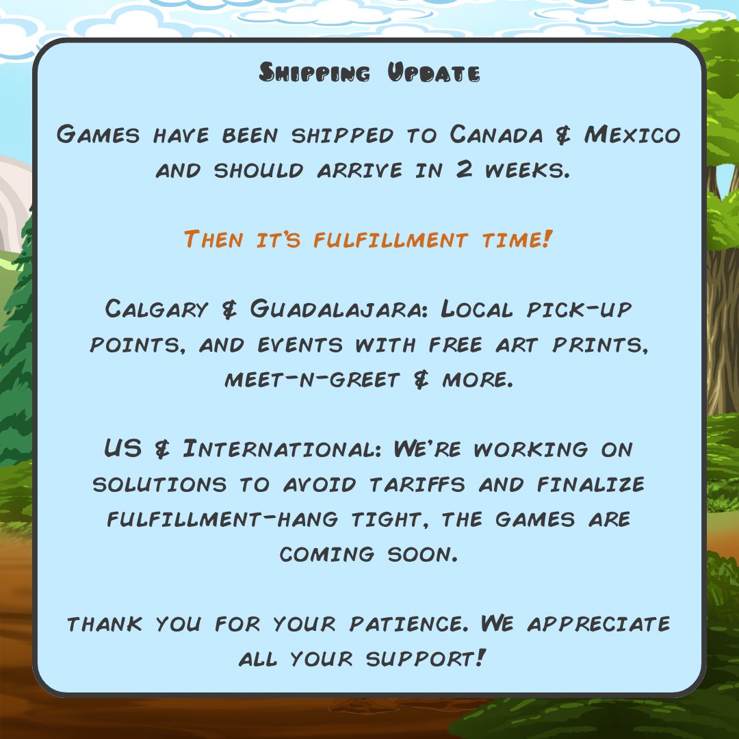 📢 Attack of the SNACs shipping update!

Games are en route to 🇨🇦 &amp; 🇲🇽 . ETA is 2 weeks! Then it's fulfillment time!

Calgary &amp; GDL: Local pick-up points + events with free goodies!

US &amp; International: We’re working on tarriff solutions—hang tight, the game is coming soon!