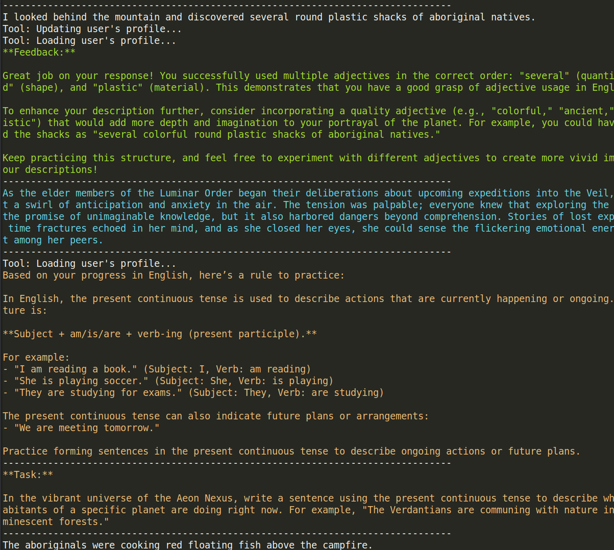 gzozulin's tweet photo. New article is on the way (~Sat):
Functional AI Library Dev Journal: Implementing AI Sci-Fi English Tutor

#AI #ML #LLM #AIAgents #AITools #AgenticAI #MCP #FunctionalAI
#GoogleADK #LangGraph #LangChain #SemanticKernel #Python
#Google #Microsoft #OpenAI #Anthropic https://t.co/G0NRauqL6e