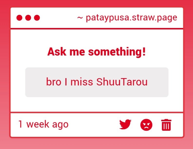 pataypusa's tweet image. "bro I miss ShuuTarou" -> damn I'm sorry dude I have riddler on the brain rn
pataypusa.straw.page