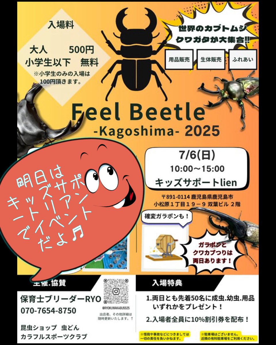 【昆虫ショップ 虫どん】
7月5日（土）10:00〜17:00
明日はキッズサポートリアンにて昆虫イベントがあります😃
その準備のため主人が不在、店舗を早く閉めることもありますので何卒ご了承下さい😌

#昆虫ショップ
#虫どん