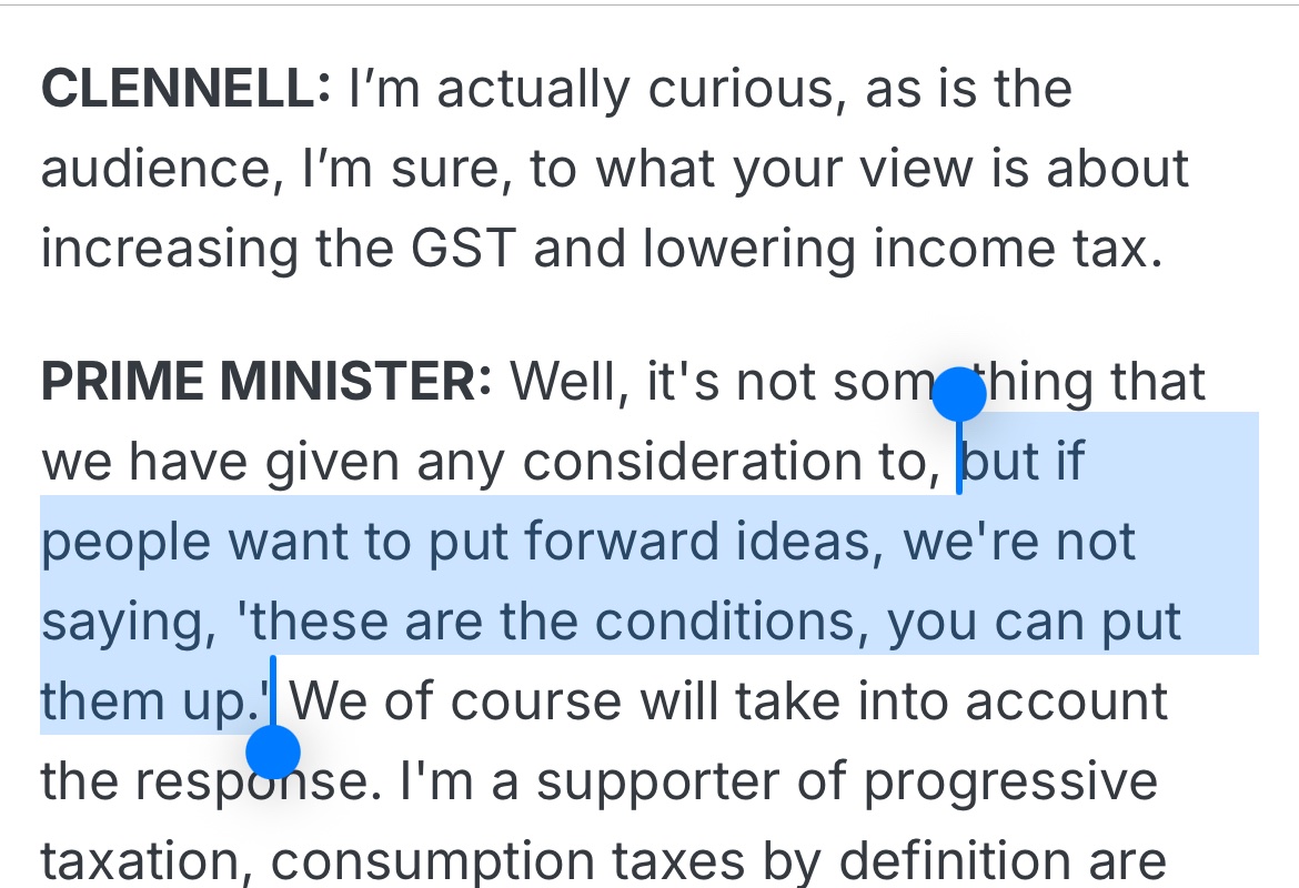 tobyeggleston's tweet image. PM yesterday on people putting forward ideas for tax reform: “We’re not saying these are the conditions you can put them up”.
Treasurer 2 weeks ago: Here are the 3 pre-conditions you need to satisfy before we will consider them.