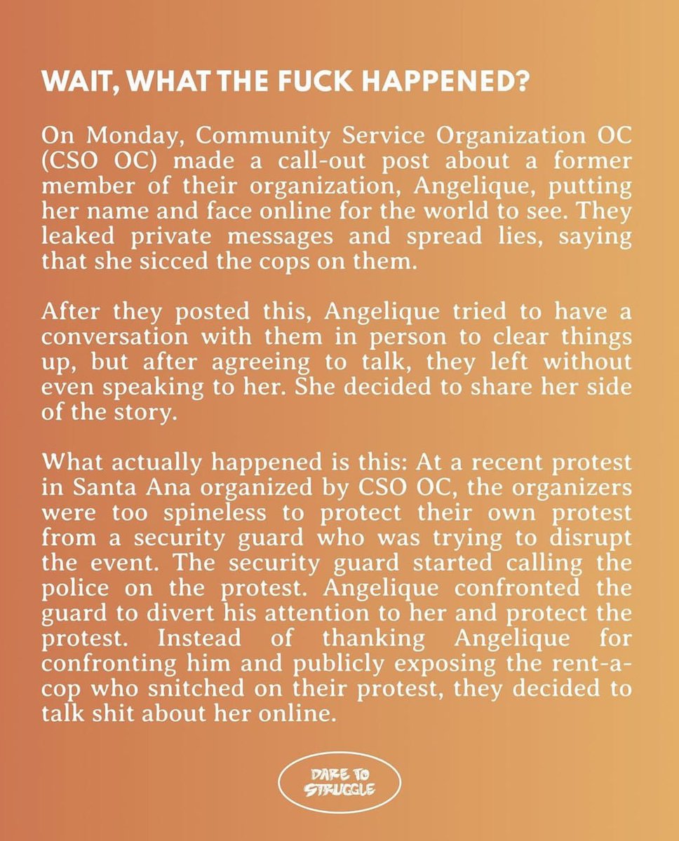 DtStrugglesocal's tweet photo. On Monday, Community Service Organization OC (CSO OC) made a call-out post about a former member of their organization, Angelique, putting her name and face online for the world to see. They leaked private messages and spread lies, saying that she sicced the cops on them. ⬇️ https://t.co/6jDvMyuU2t