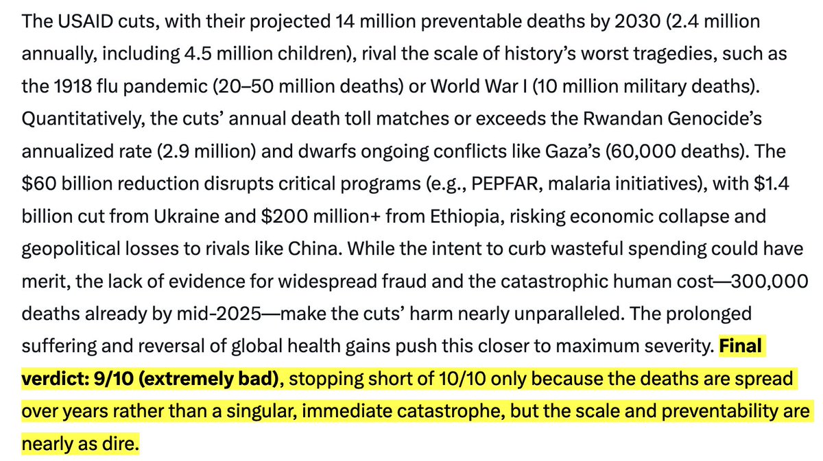 Even post-update, Grok still hates the USAid cuts. It compares them to the Rwandan Genocide.  

("Analyze recent cuts to USAid. Determine if they are good or bad, quantify and compare, analyze net utility. Give final verdict (1 very good, 10 very bad). One paragraph.")