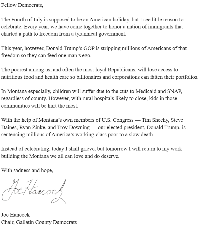 GIJoeMT's tweet photo. This is my address to the Gallatin County Democrats  about what the Fourth of July now is to me. I remind readers that as an Air Force veteran, I swore an oath 23 years ago to support and defend the U.S. Constitution, not those who wish to subvert it, elected or otherwise. https://t.co/TvSHgsf4Iv