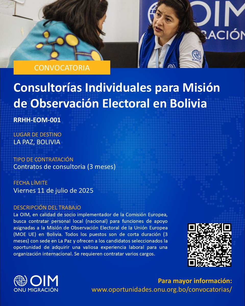 📣 CONVOCATORIA

𝗖𝗼𝗻𝘀𝘂𝗹𝘁𝗼𝗿í𝗮𝘀

Consultorías Individuales de apoyo a Misión de Observación Electoral (MOE UE) en Bolivia. (Varios cargos)

✅ Fecha límite de postulación: 11 de julio 2025

📍 La Paz, Bolivia

Más información y postulación:
oportunidades.onu.org.bo/convocatorias/…