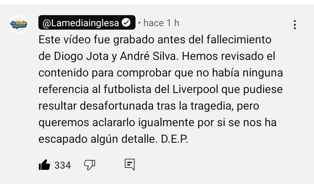 Guillermo (@guillemolina_10) on Twitter photo Ya eran el mejor canal de habla hispana de fútbol de YT pero el no publicar el vídeo ayer guardando luto y comprobar el vídeo antes de subirlo tras la desgracia de Diego Jota los hace más grandes <a href="/nacho8gonz/">Nacho González</a> <a href="/JoseAChozas/">José Alberto Chozas</a> <a href="/pabloespinosa11/">Pablo Espinosa San Mauro</a> <a href="/Ilie_Oleart/">Ilie Oleart</a> <a href="/LaMediaInglesa/">La Media Inglesa</a> Ya eran el mejor canal de habla hispana de fútbol de YT pero el no publicar el vídeo ayer guardando luto y comprobar el vídeo antes de subirlo tras la desgracia de Diego Jota los hace más grandes <a href="/nacho8gonz/">Nacho González</a> <a href="/JoseAChozas/">José Alberto Chozas</a> <a href="/pabloespinosa11/">Pablo Espinosa San Mauro</a> <a href="/Ilie_Oleart/">Ilie Oleart</a> <a href="/LaMediaInglesa/">La Media Inglesa</a>
