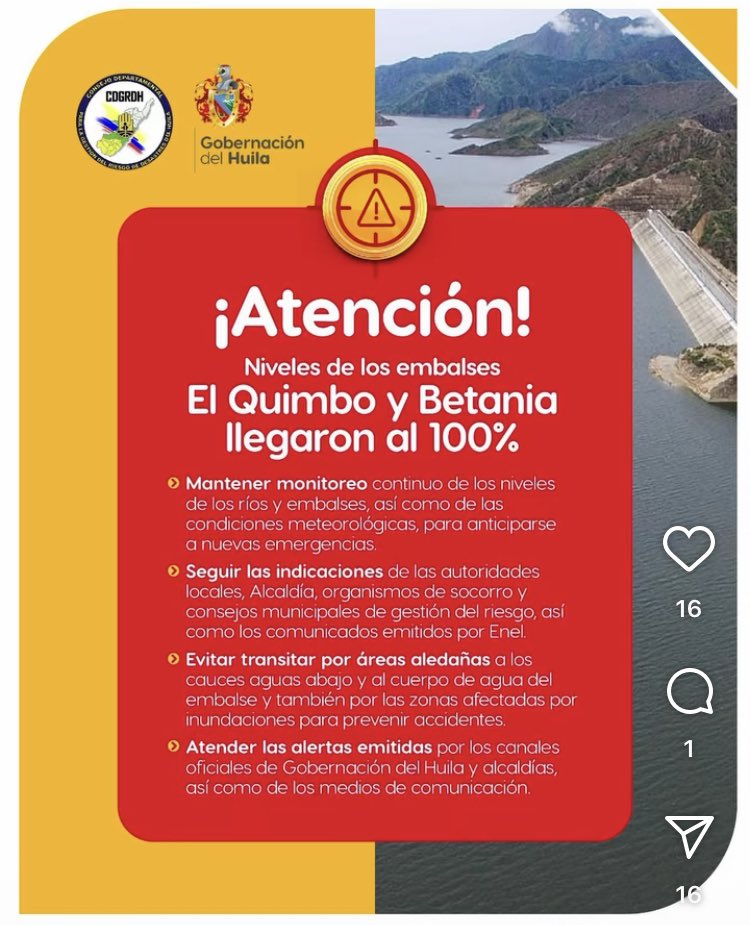 DIANNYMARCELA's tweet image. En el sur no paran las lluvias, el río Magdalena en sus niveles más altos que obligaron hoy a la apertura de compuertas en las represas de Betania y El Quimbo en el #Huila, hay atencion aguas abajo.