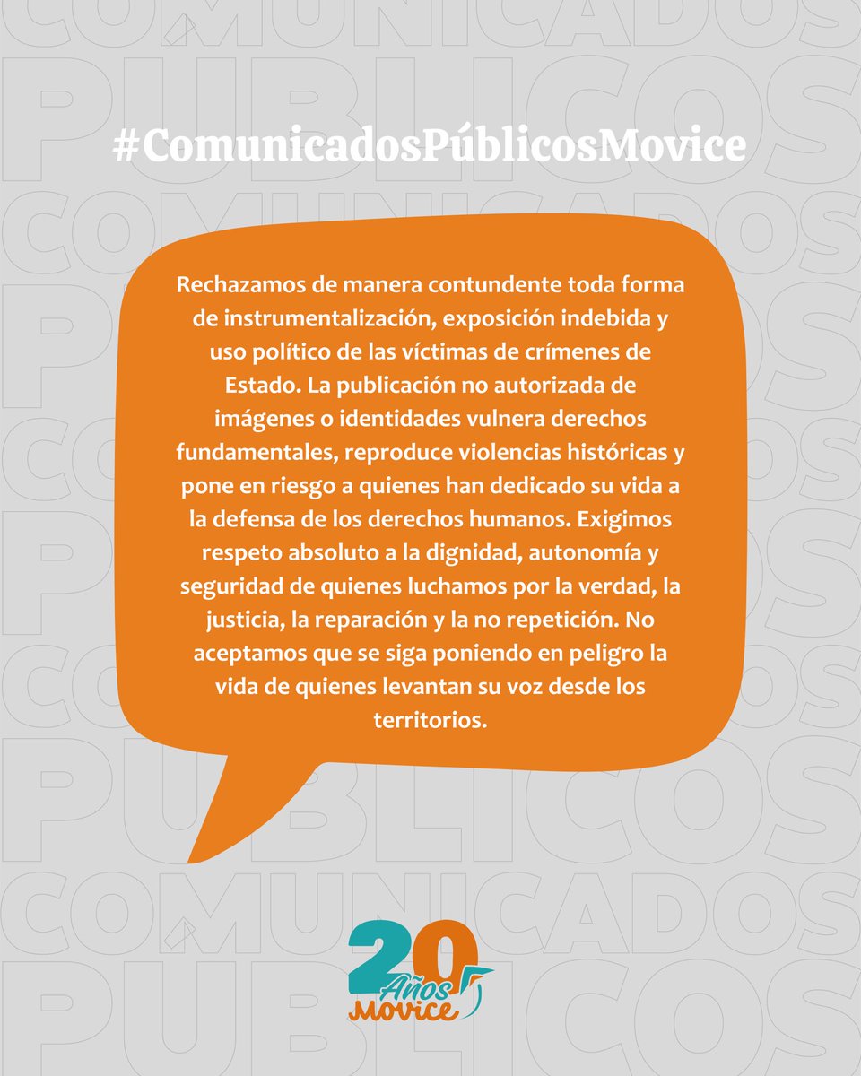 Denunciamos el uso ilegal de la imagen de una compañera del @MoviceCol por parte del ELN.

Exigimos su retiro inmediato y protección urgente para ella.

⚠️ Exigimos respeto y garantías para quienes luchamos por la justicia y la verdad.

👀 Lee aquí:
lc.cx/KDBU6V