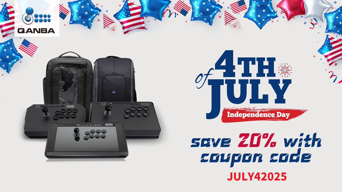 It's a #4thOfJuly celebration at Qanba! 🎆 As seen in the pic, get 20% OFF almost everything at qanbausa.com using coupon code JULY42025. (Does not apply to Sapphire Leverless pre-order). Upgrade your setup! #IndependenceDaySale #QanbaGaming #qanba #sale