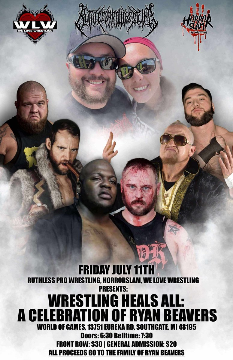 RuthlessPro419's tweet image. RPW, Horror Slam, and We Love Wrestling present Wrestling Heals All: A Celebration of Life For Ryan Beavers
7/11/25
World Of Games
13751 Eureka Rd
Southgate, MI
Doors 6:30 bell 7:30
GA $20 minimum donation
Front Row $30 minimum
You can also support here
lm.facebook.com/l.php?u=https%…