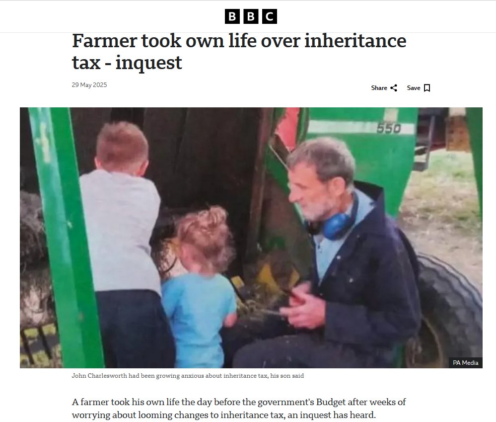 This is very sad, Imagine working hard all your life and then killing yourself such that your could pass down your life's work to your family rather than it been taken off them. 😰

Farmer took own life over inheritance tax - inquest

A  farmer took his own life the day before